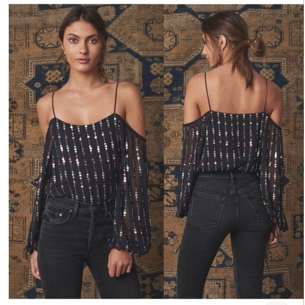 Revolve Tularosa Cleo Blouse in Navy Sequin Size Small Off Shoulder Party